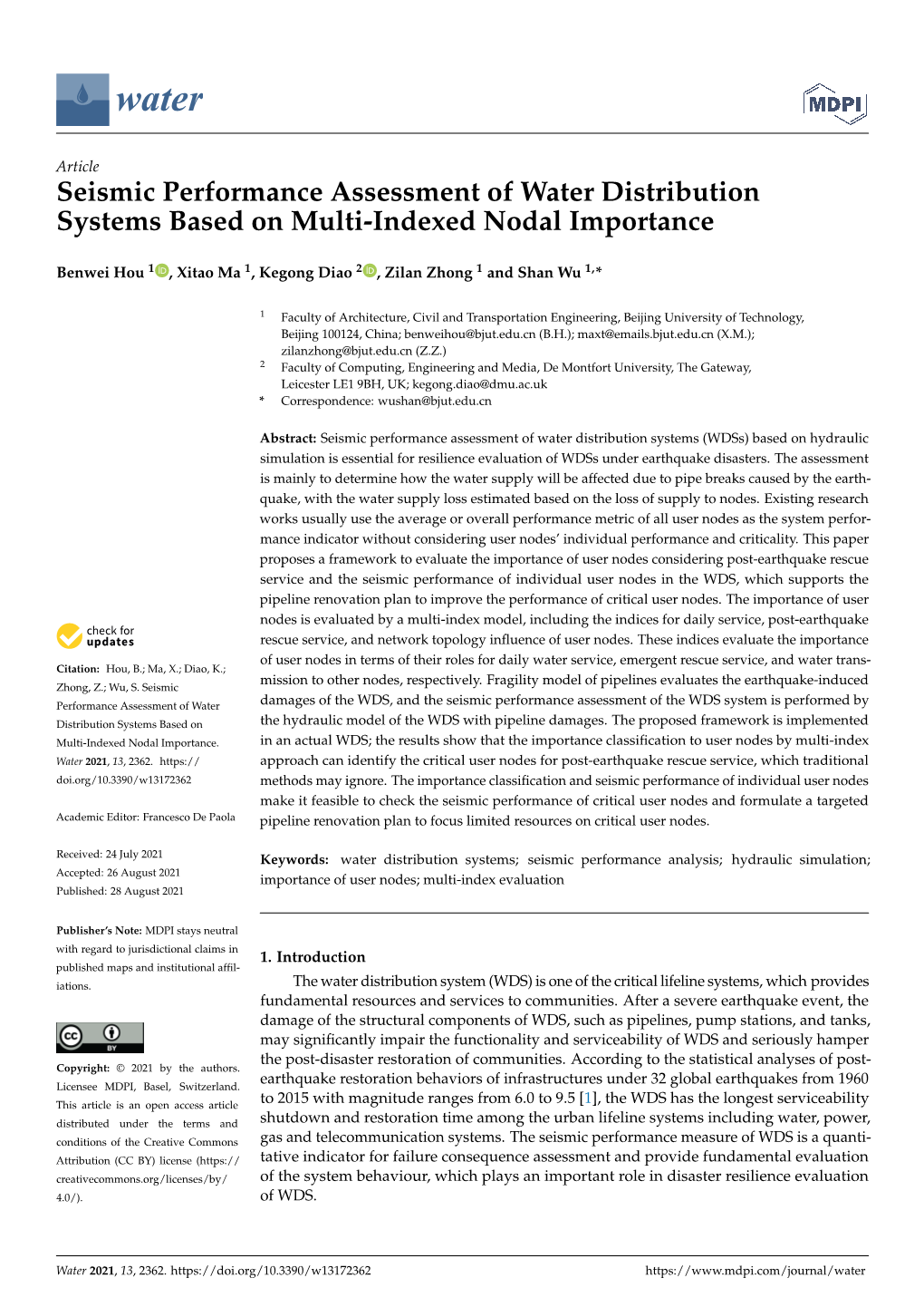 Seismic Performance Assessment of Water Distribution Systems Based on Multi-Indexed Nodal Importance