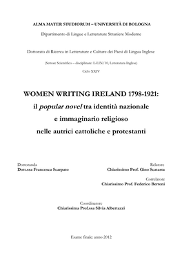 WOMEN WRITING IRELAND 1798-1921: Il Popular Novel Tra Identità Nazionale E Immaginario Religioso Nelle Autrici Cattoliche E Protestanti