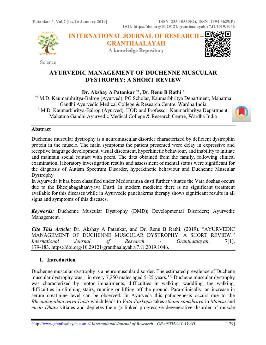 Ayurvedic Management of Duchenne Muscular Dystrophy: a Short Review