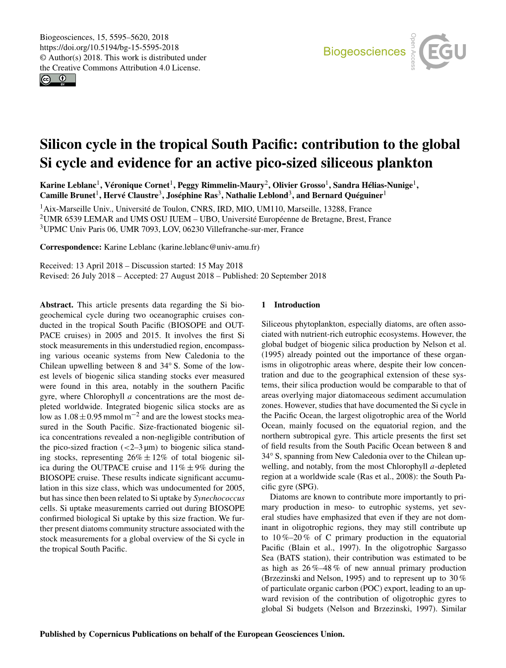 Silicon Cycle in the Tropical South Pacific: Contribution to the Global Si