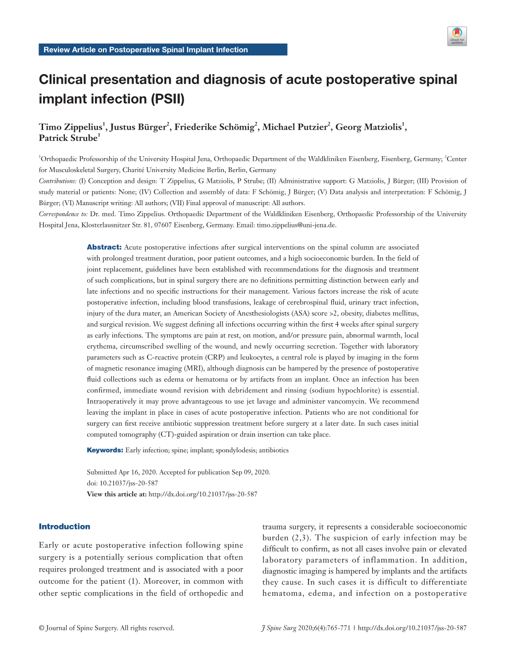 Clinical Presentation and Diagnosis of Acute Postoperative Spinal Implant Infection (PSII)