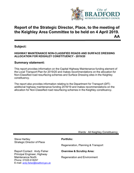 Highway Maintenance Non-Classified Roads and Surface Dressing Allocation for Keighley Constituency 2019/20 Pdf