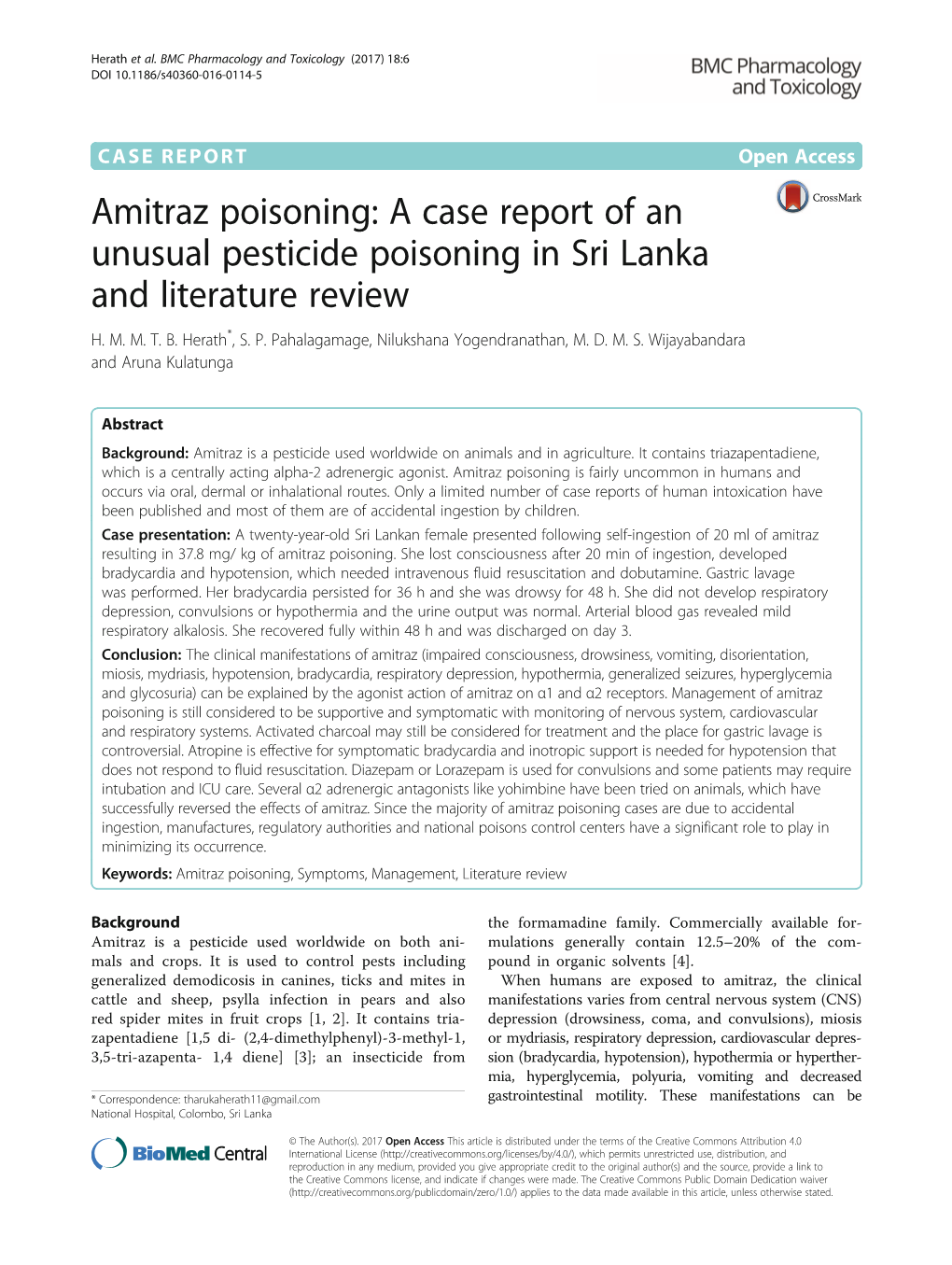 Amitraz Poisoning: a Case Report of an Unusual Pesticide Poisoning in Sri Lanka and Literature Review H