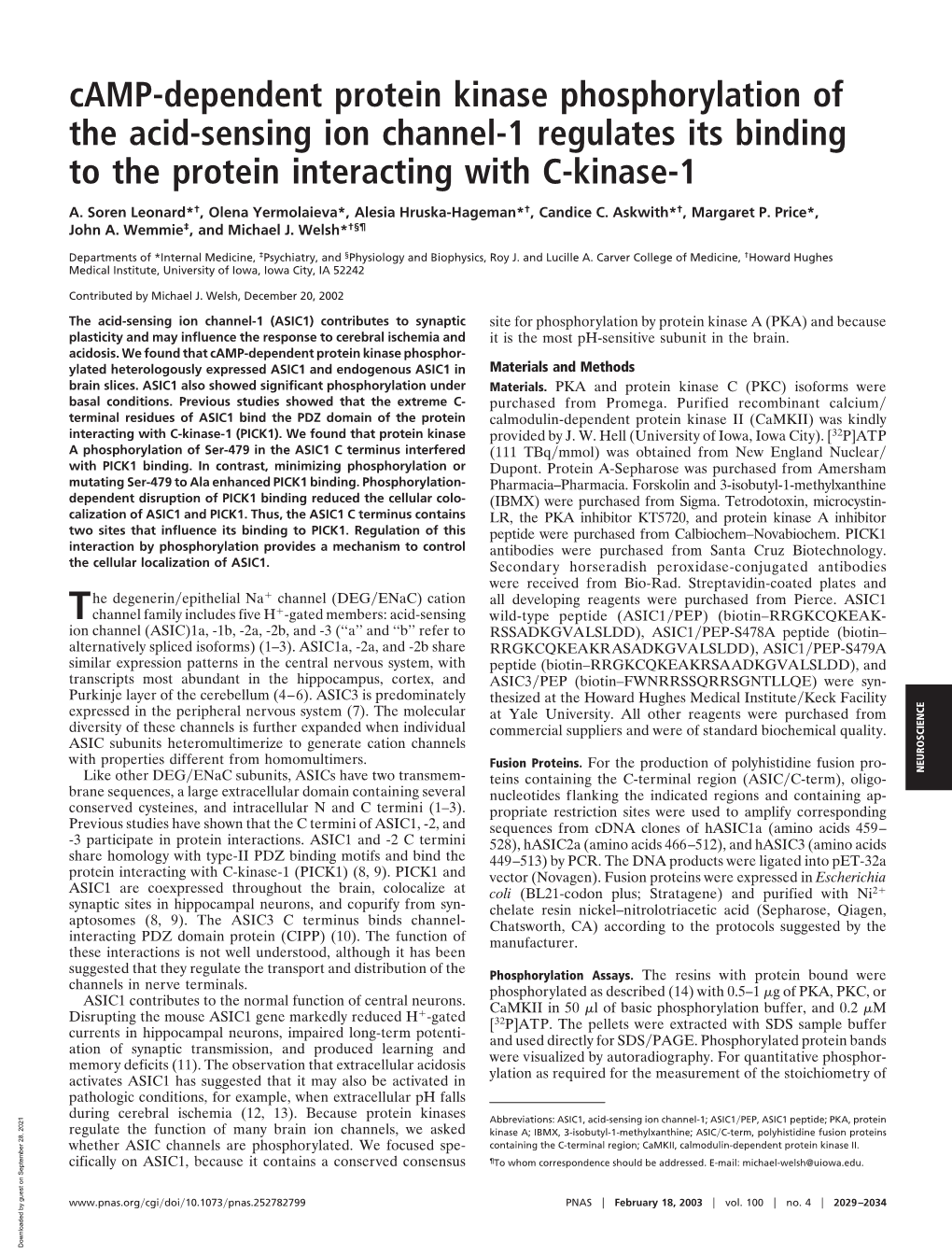 Camp-Dependent Protein Kinase Phosphorylation of the Acid-Sensing Ion Channel-1 Regulates Its Binding to the Protein Interacting with C-Kinase-1