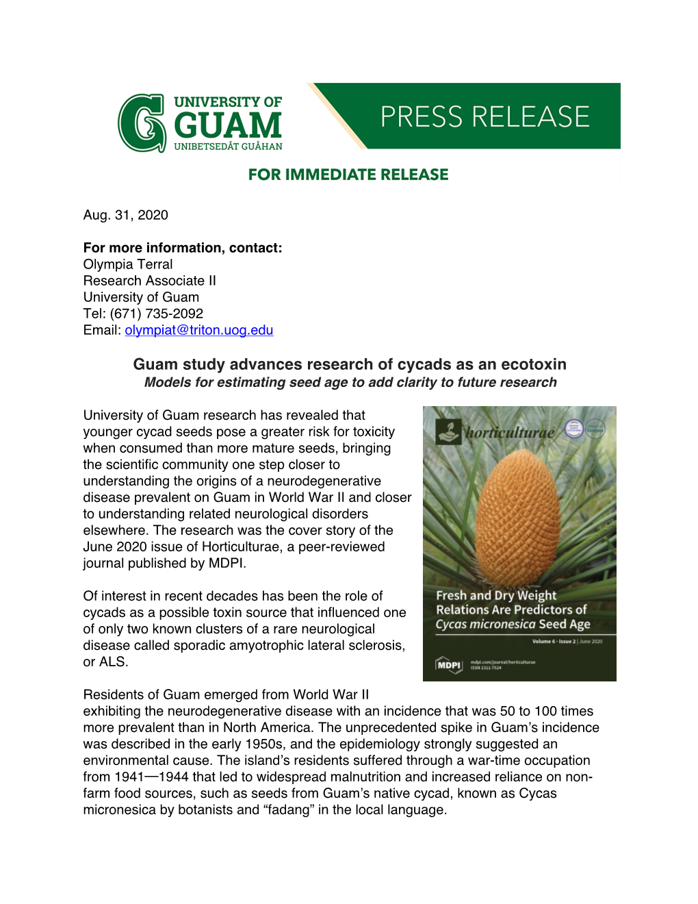 Guam Study Advances Research of Cycads As an Ecotoxin Models for Estimating Seed Age to Add Clarity to Future Research