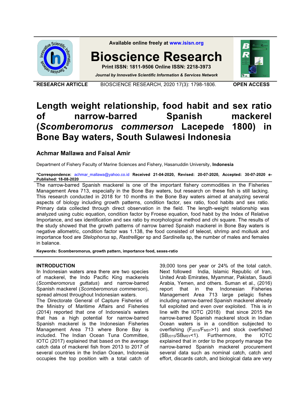 Length Weight Relationship, Food Habit and Sex Ratio of Narrow-Barred