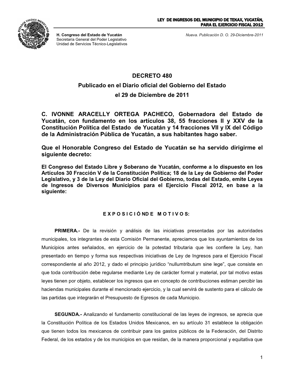 Ley De Ingresos Del Municipio De Tekax, Yucatán, Para El Ejercicio Fiscal 2012