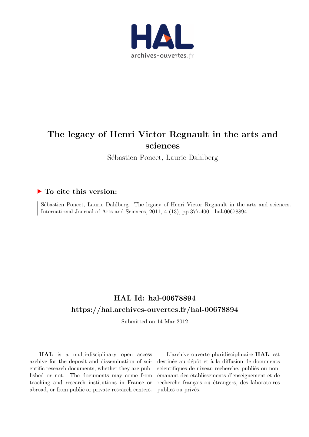 The Legacy of Henri Victor Regnault in the Arts and Sciences Sébastien Poncet, Laurie Dahlberg