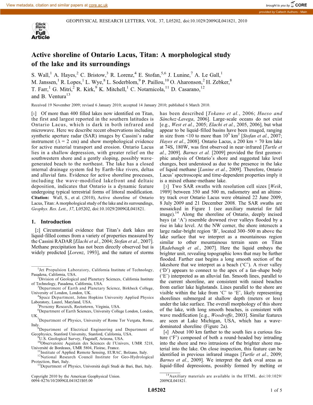 Active Shoreline of Ontario Lacus, Titan: a Morphological Study of the Lake and Its Surroundings S