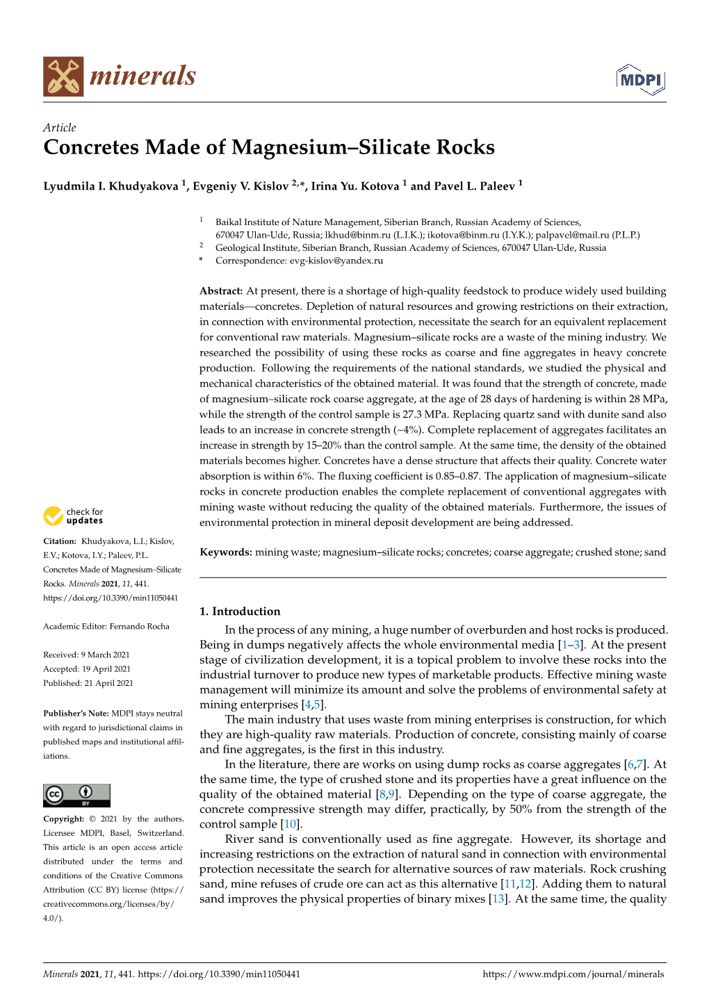 Concretes Made of Magnesium–Silicate Rocks