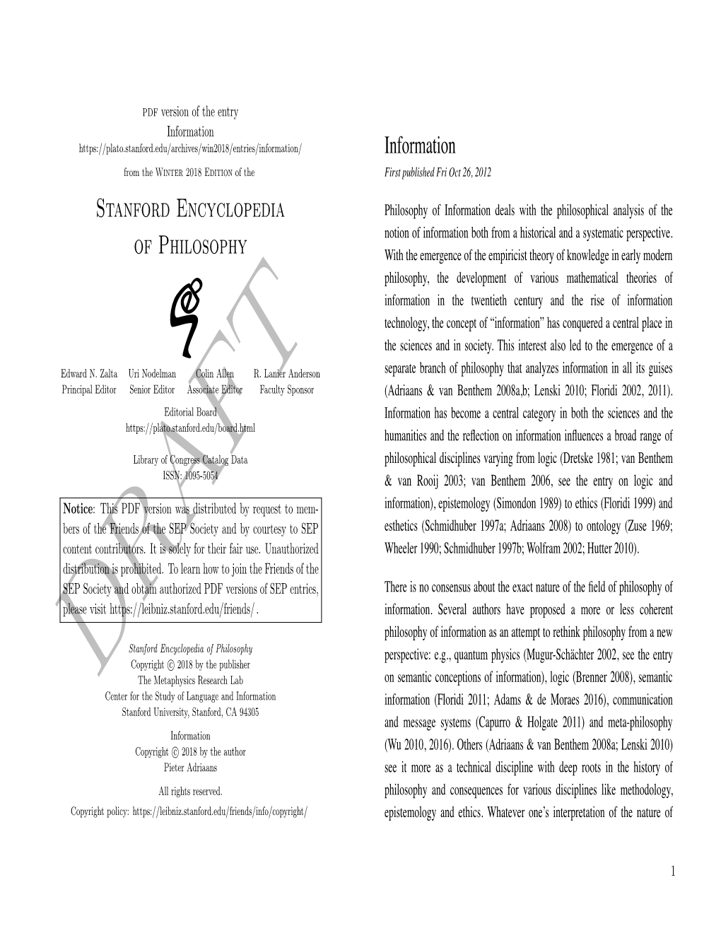 Stanford Encyclopedia of Philosophy Perspective: E.G., Quantum Physics (Mugur-Schächter 2002, See the Entry Copyright C 2018 by the Publisher