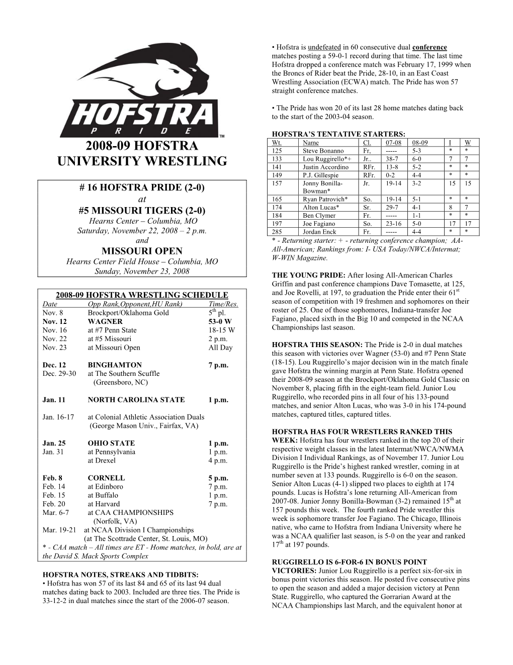 2008-09 Hofstra University Wrestling Roster