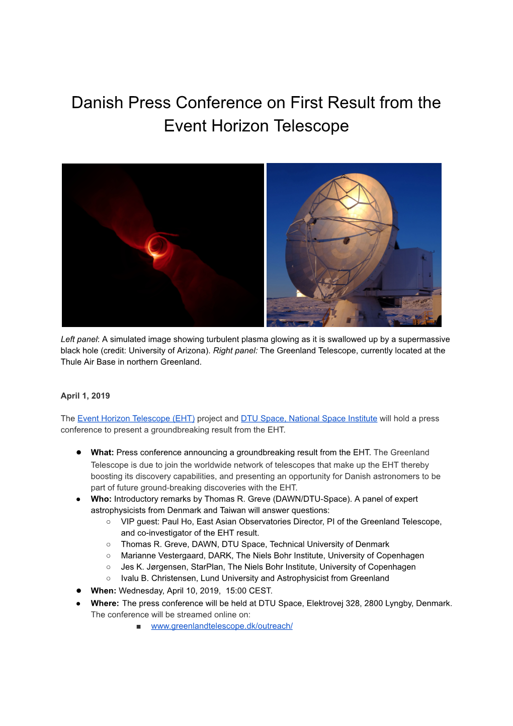 Danish Press Conference on First Result from the Event Horizon Telescope