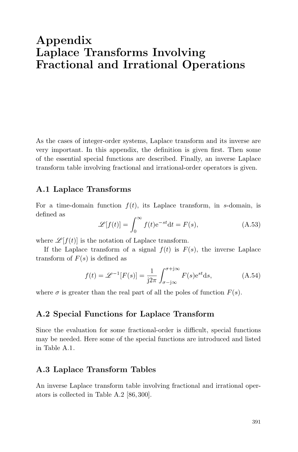 Appendix Laplace Transforms Involving Fractional and Irrational Operations