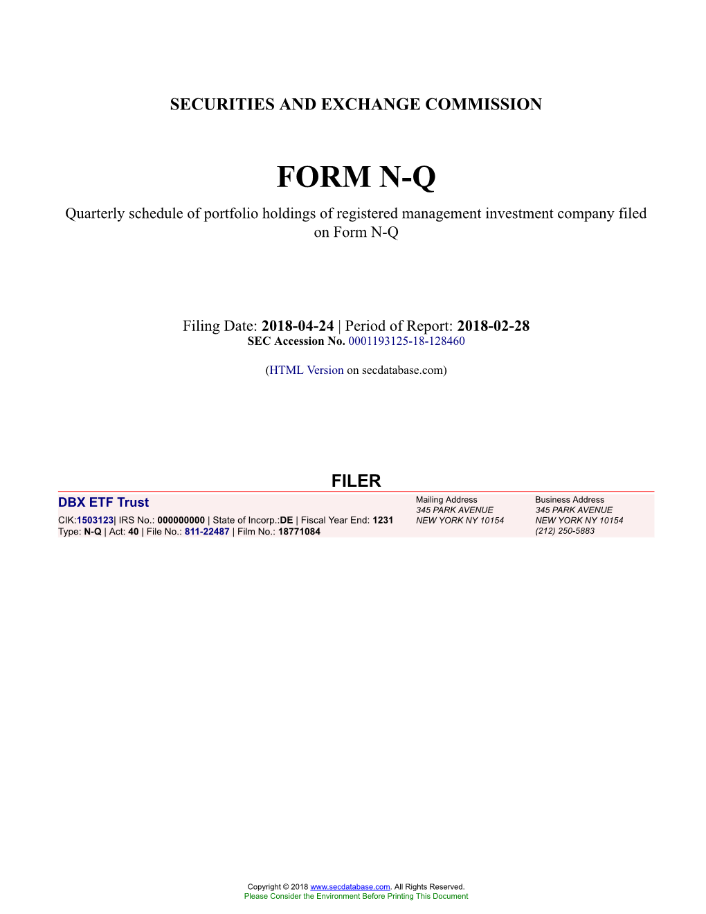 DBX ETF Trust Form N-Q Filed 2018-04-24