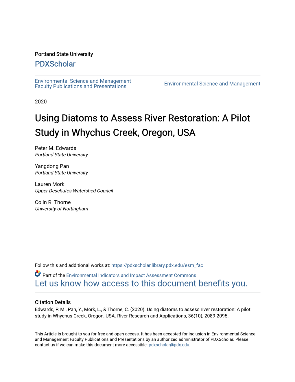 Using Diatoms to Assess River Restoration: a Pilot Study in Whychus Creek, Oregon, USA