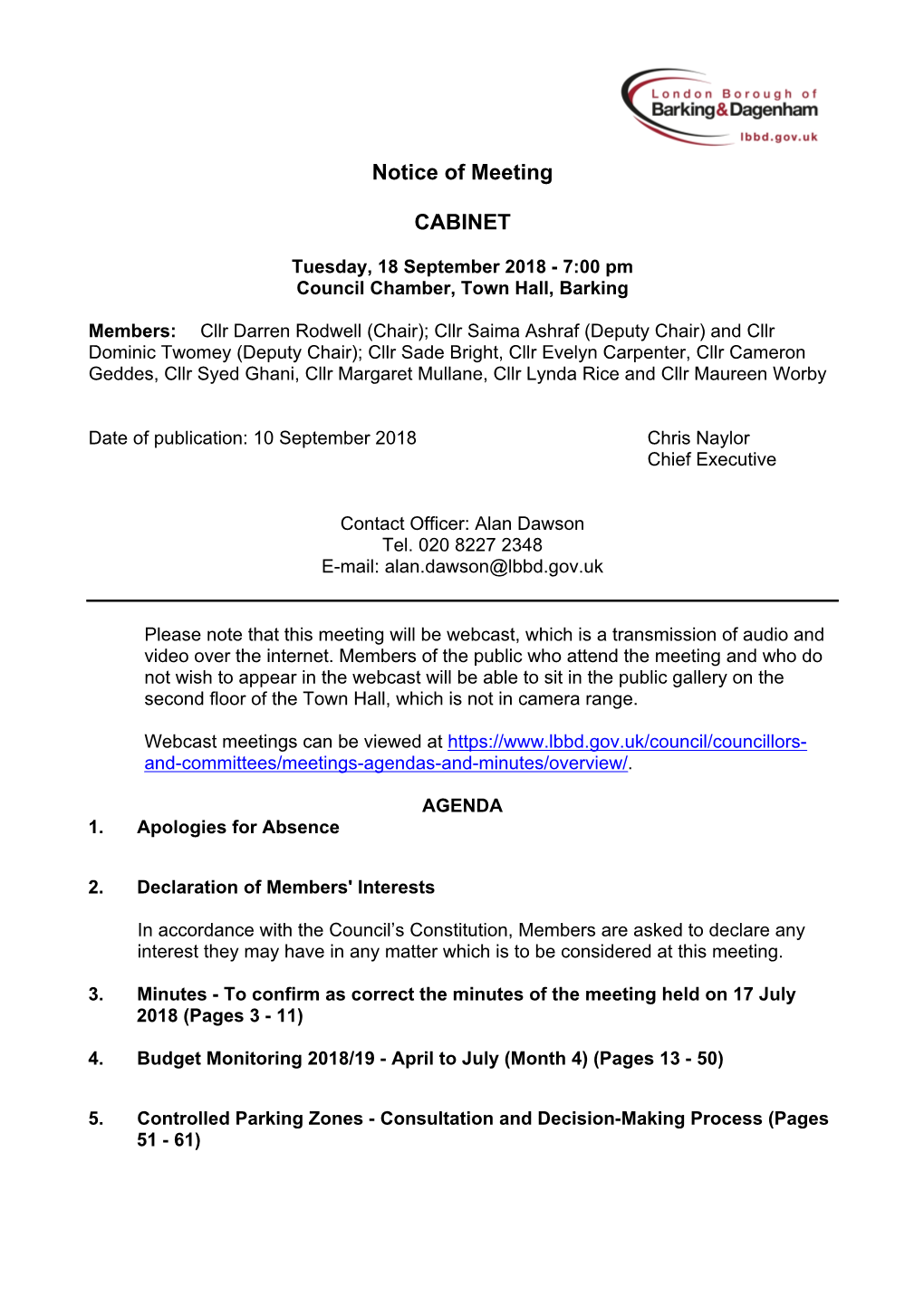 (Public Pack)Agenda Document for Cabinet, 18/09/2018 19:00