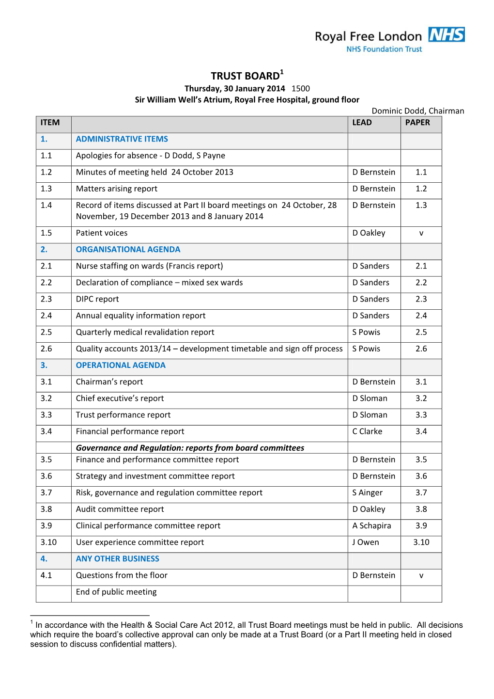 TRUST BOARD1 Thursday, 30 January 2014 1500 Sir William Well’S Atrium, Royal Free Hospital, Ground Floor Dominic Dodd, Chairman ITEM LEAD PAPER 1