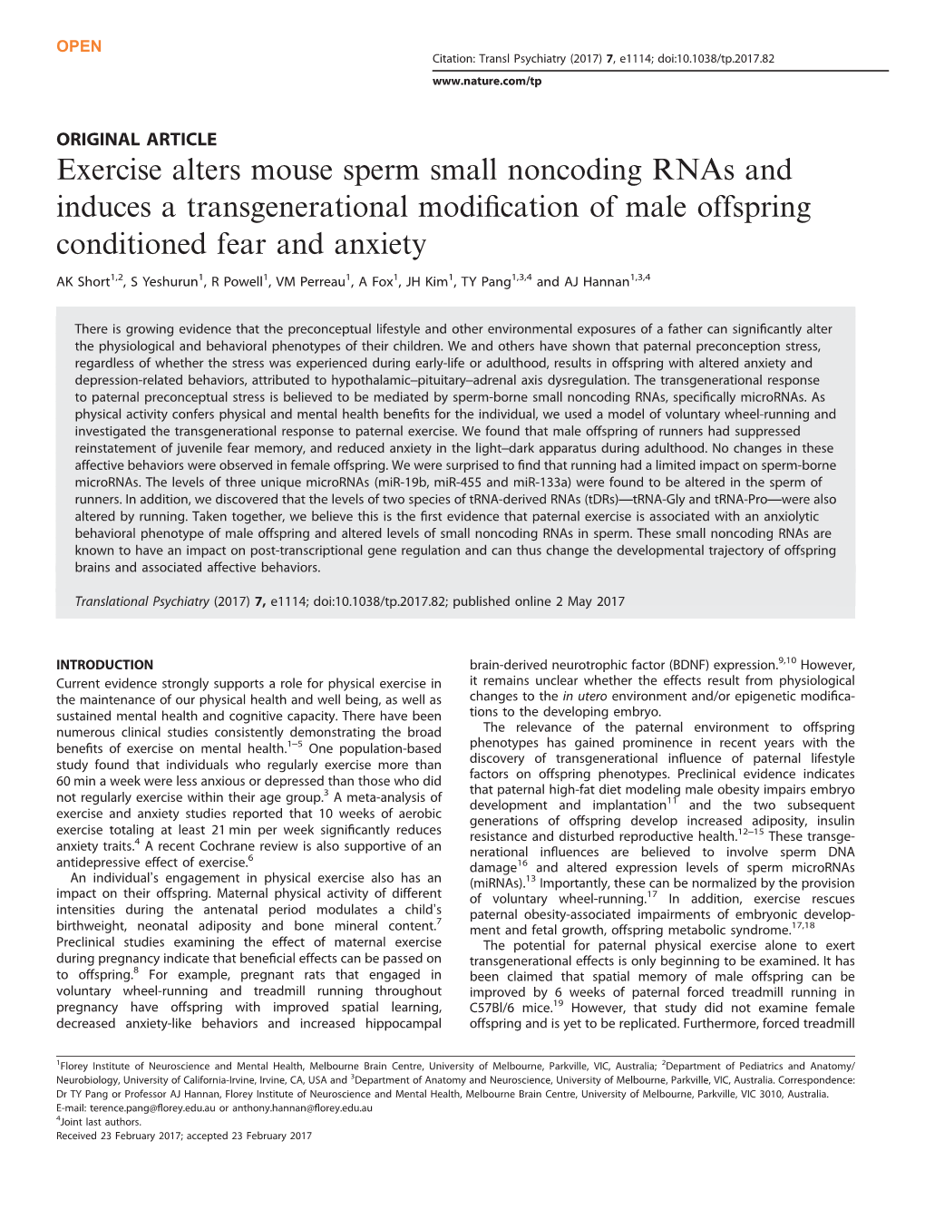 Exercise Alters Mouse Sperm Small Noncoding Rnas and Induces a Transgenerational Modiﬁcation of Male Offspring Conditioned Fear and Anxiety