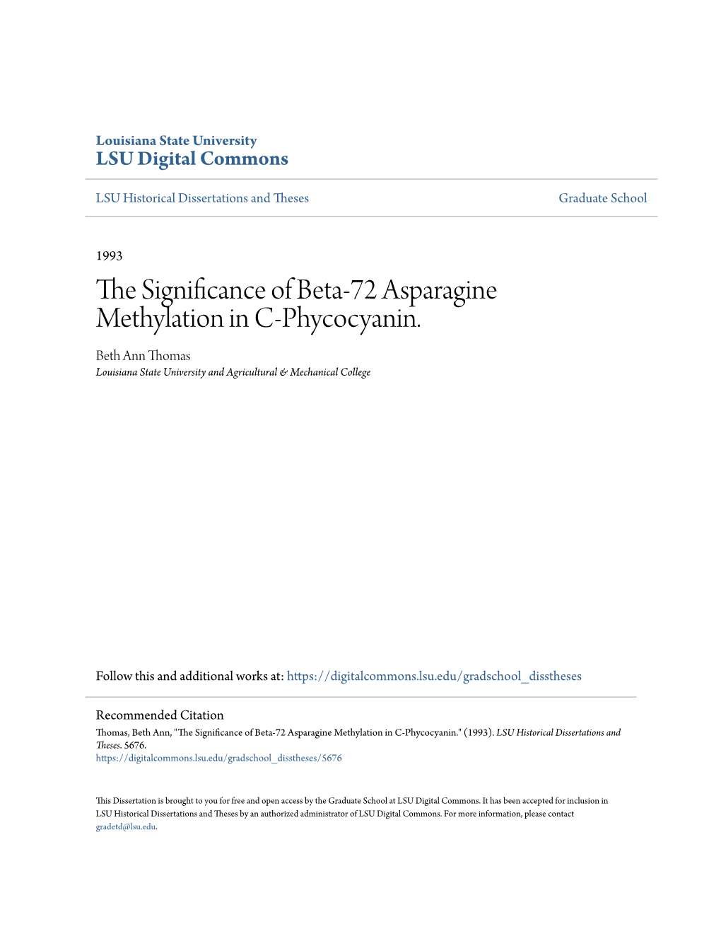 The Significance of Beta-72 Asparagine Methylation in C-Phy C Ocy Anin