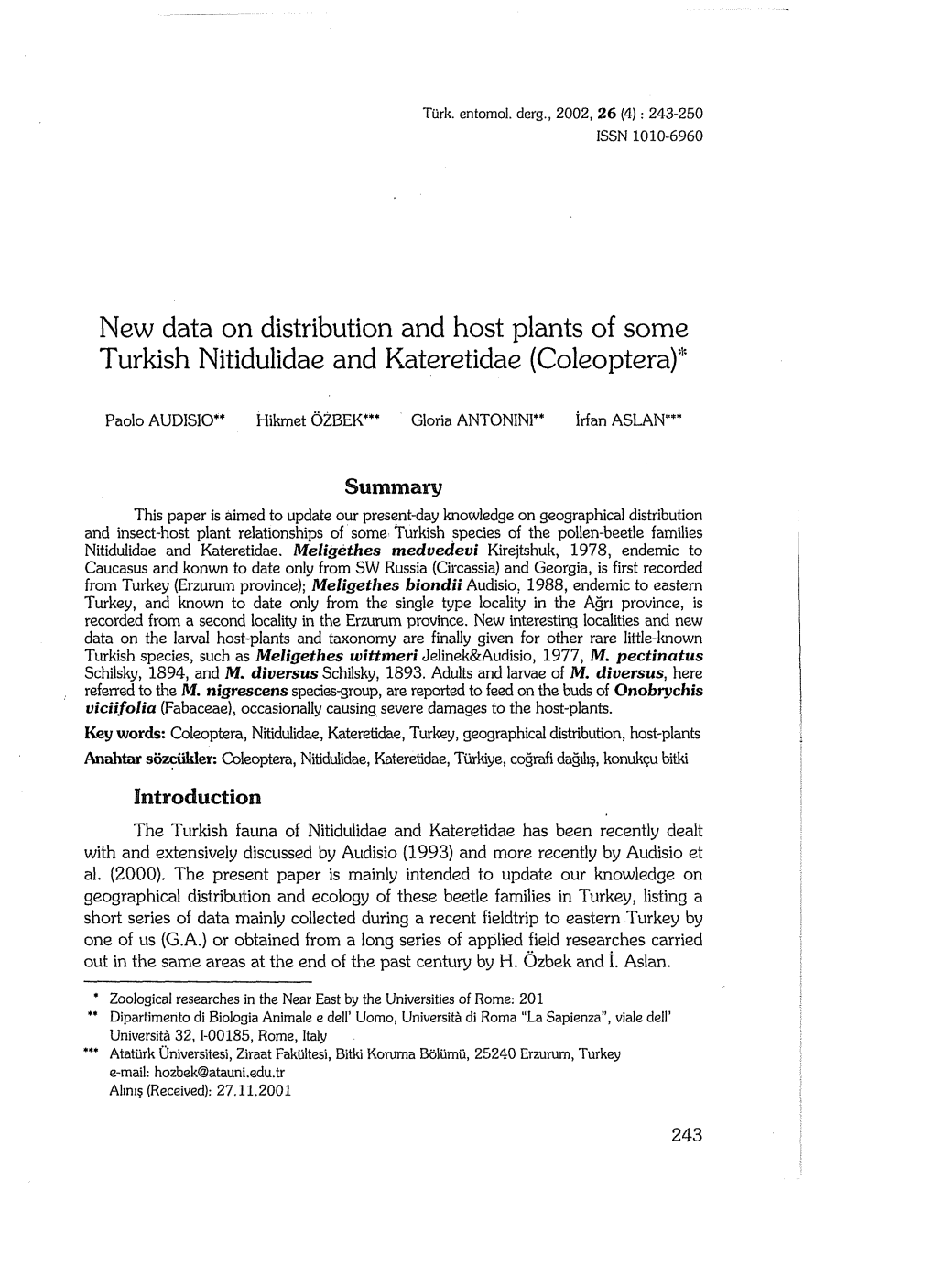 New Data on Distribution and Host Plants of Some Turkish Nitidulidae and Kateretidae (Coleoptera)"