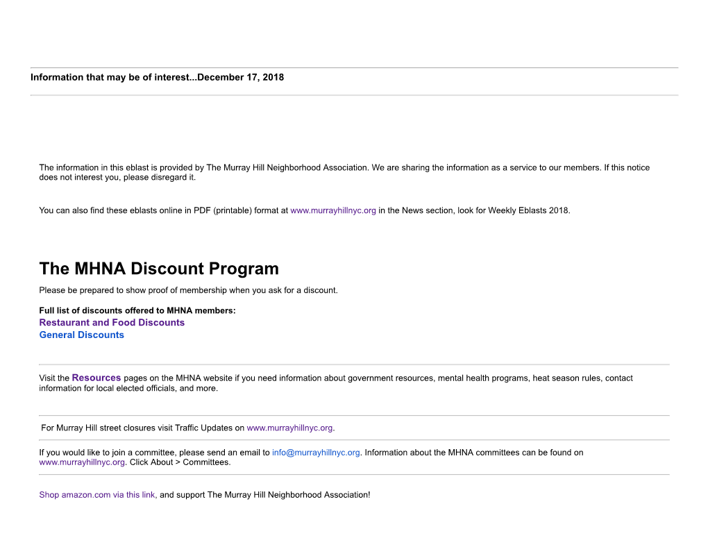 The MHNA Discount Program Please Be Prepared to Show Proof of Membership When You Ask for a Discount