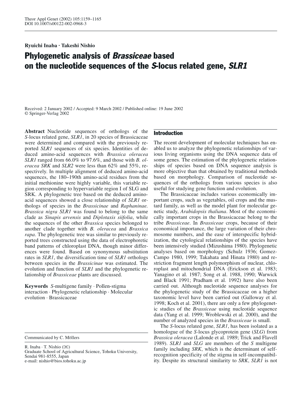 Phylogenetic Analysis of Brassiceae Based on the Nucleotide Sequences of the S-Locus Related Gene, SLR1