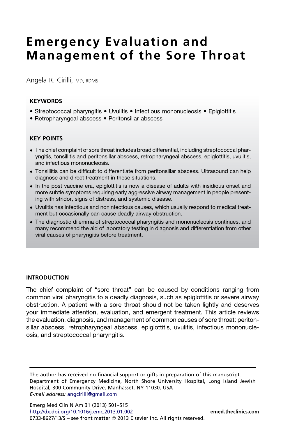 Emergency Evaluation and Management of the Sore Throat