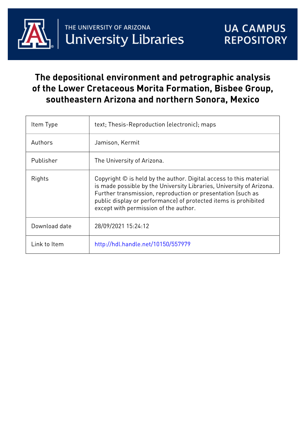 The Depositional Environment and Petrographic Analysis of the Lower Cretaceous Morita Formation, Bisbee Group, Southeastern Arizona and Northern Sonora, Mexico