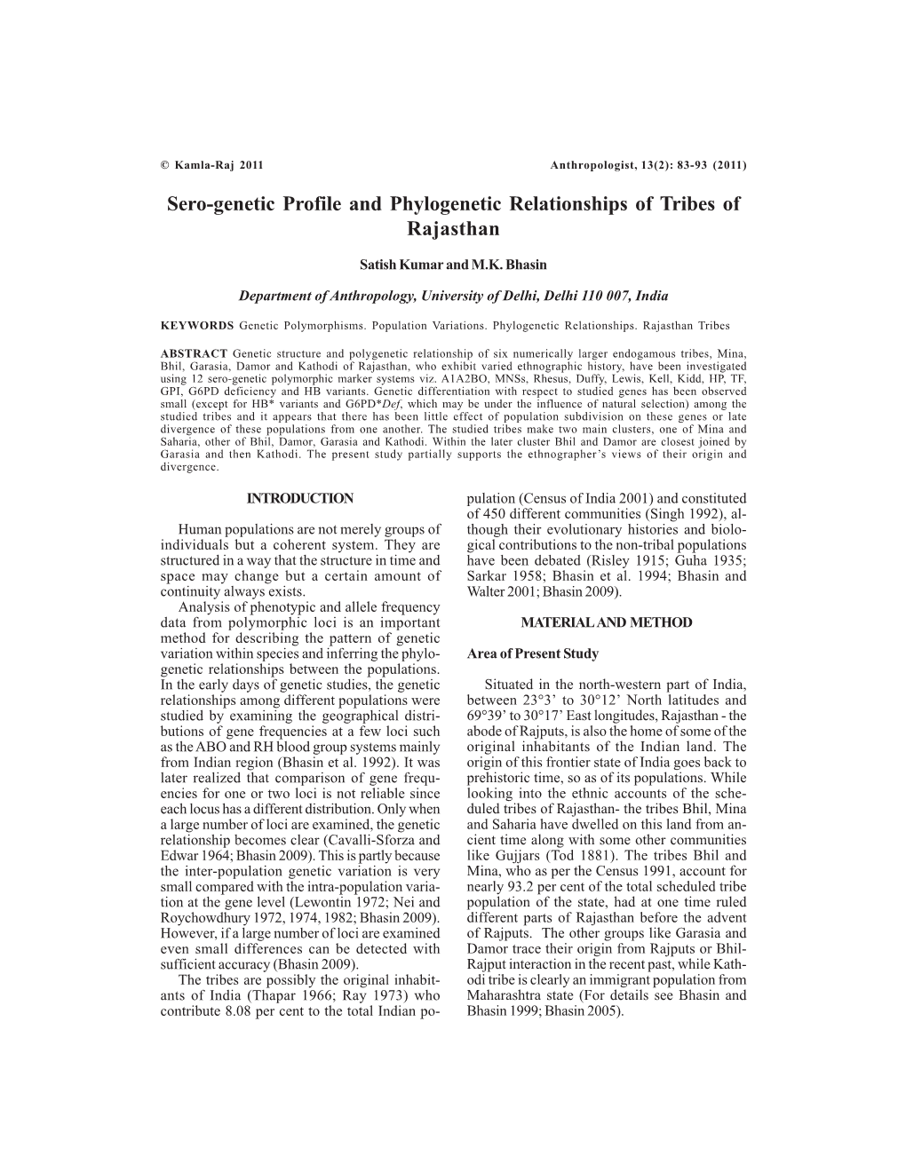 Sero-Genetic Profile and Phylogenetic Relationships of Tribes of Rajasthan