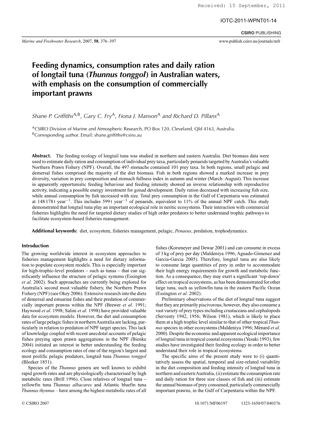 Feeding Dynamics, Consumption Rates and Daily Ration of Longtail Tuna