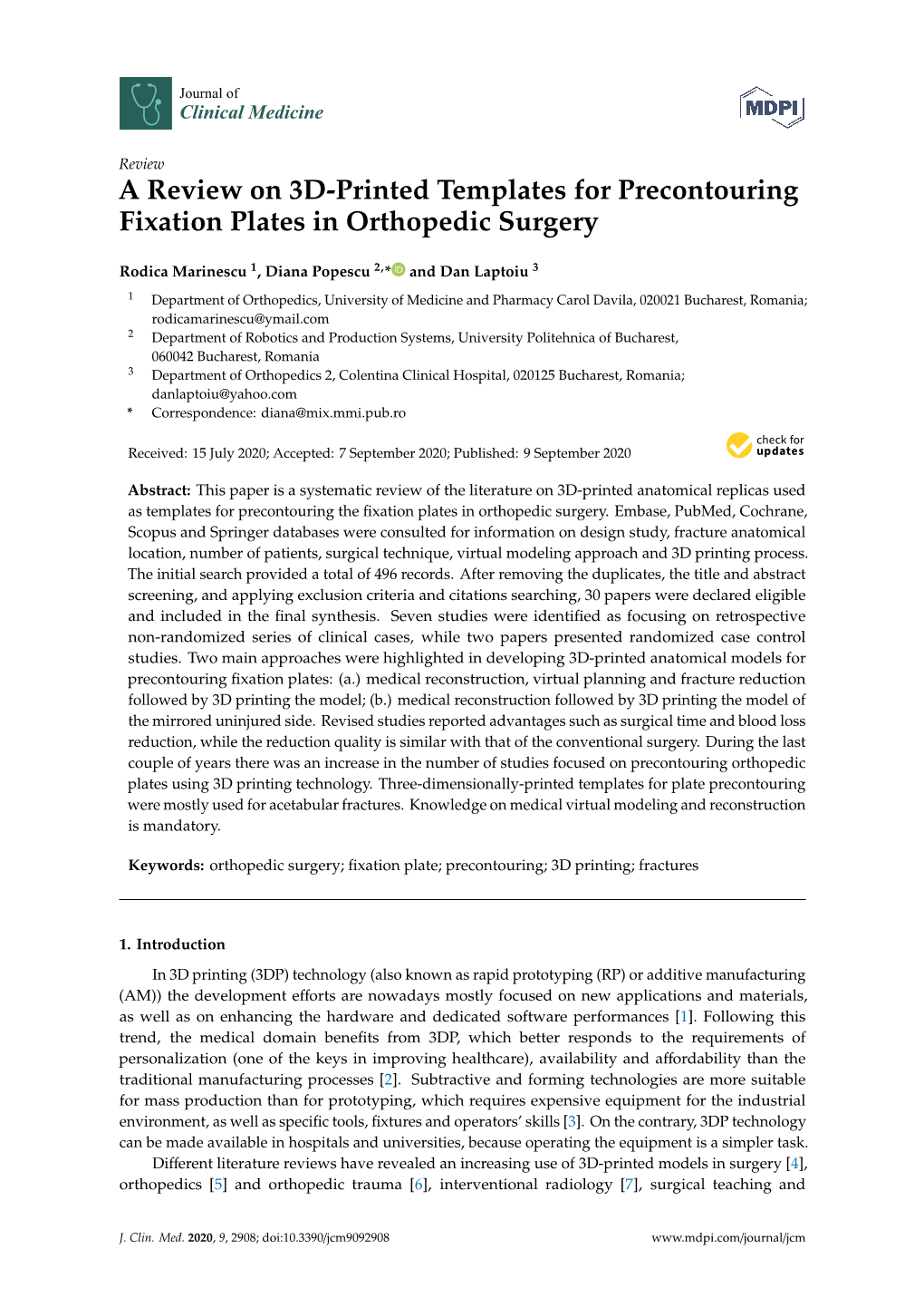 A Review on 3D-Printed Templates for Precontouring Fixation Plates in Orthopedic Surgery