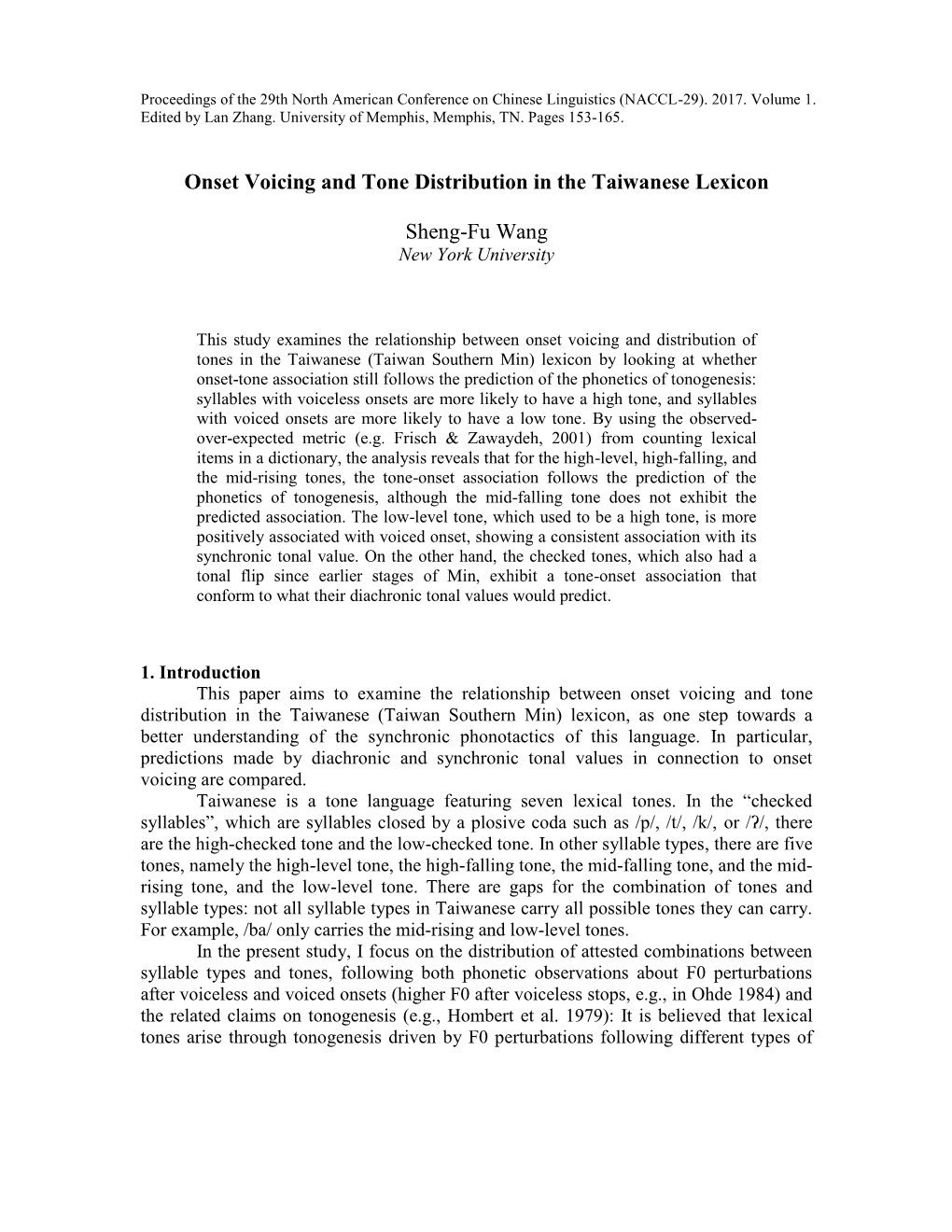 Onset Voicing and Tone Distribution in the Taiwanese Lexicon Sheng-Fu