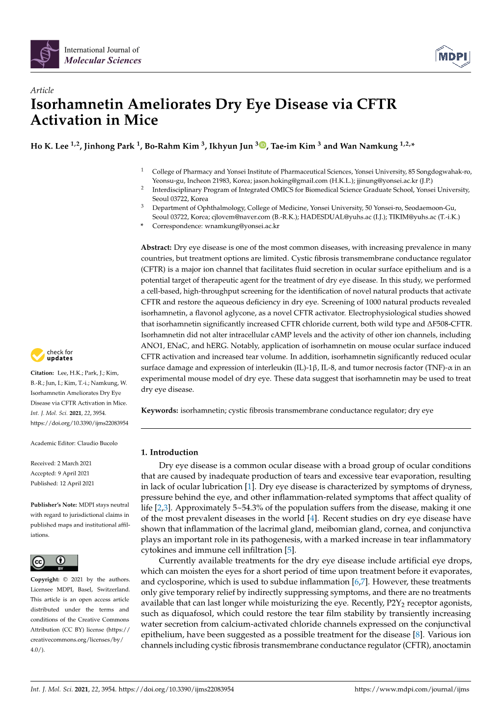 Isorhamnetin Ameliorates Dry Eye Disease Via CFTR Activation in Mice