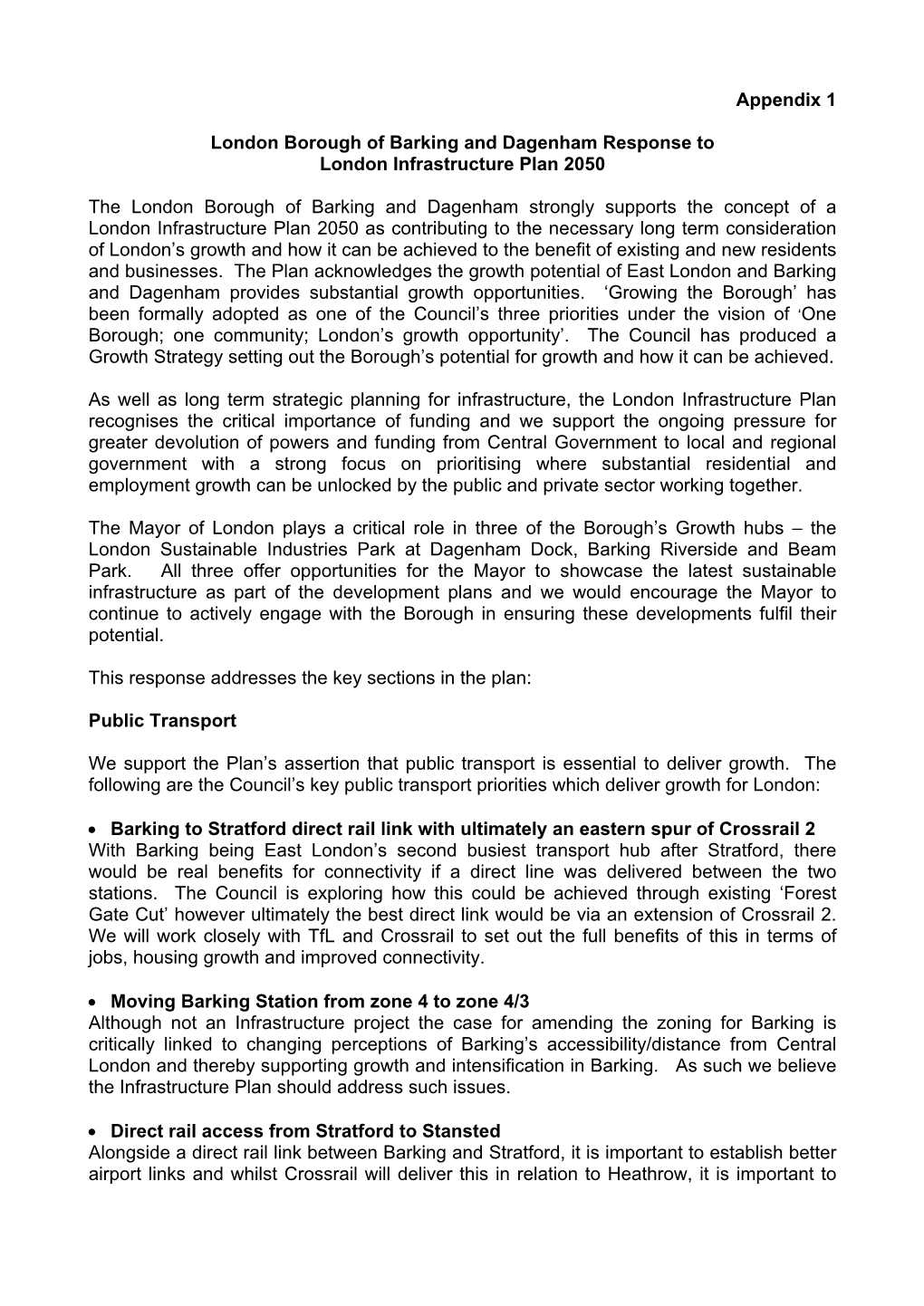 Appendix 1 London Borough of Barking and Dagenham Response to London Infrastructure Plan 2050 the London Borough of Barking