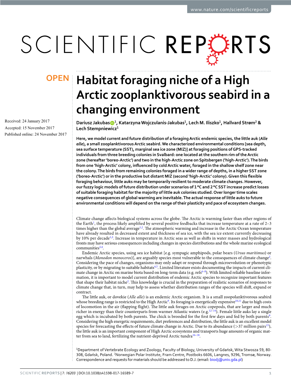 Habitat Foraging Niche of a High Arctic Zooplanktivorous Seabird in A