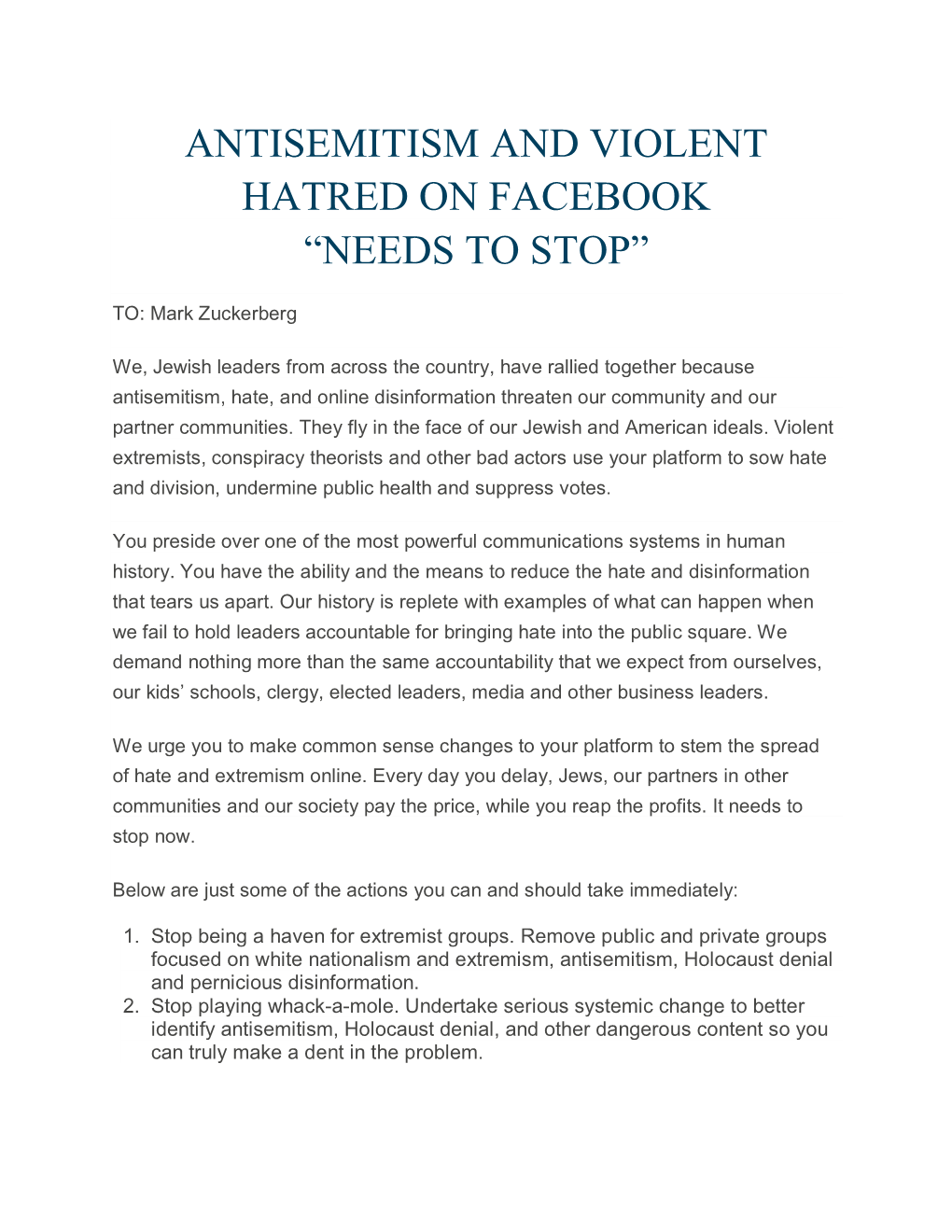 Antisemitism and Violent Hatred on Facebook “Needs to Stop”