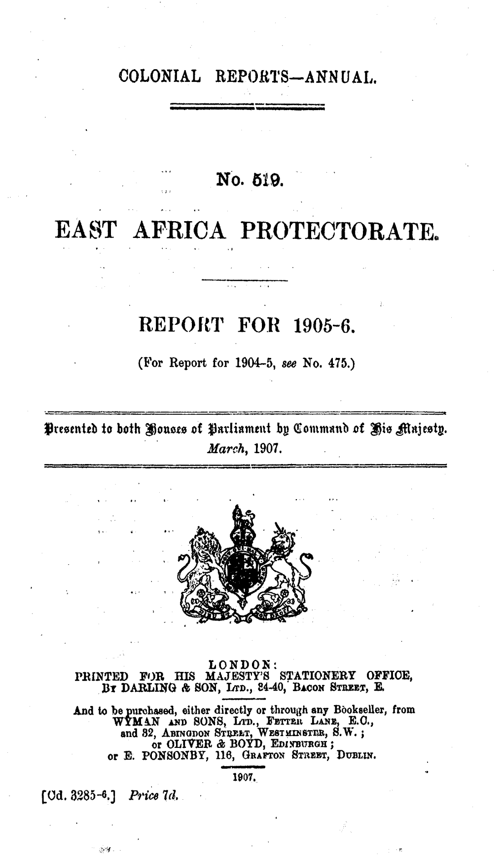 Annual Report of the Colonies, East Africa Protectorate, Kenya, 1905-06