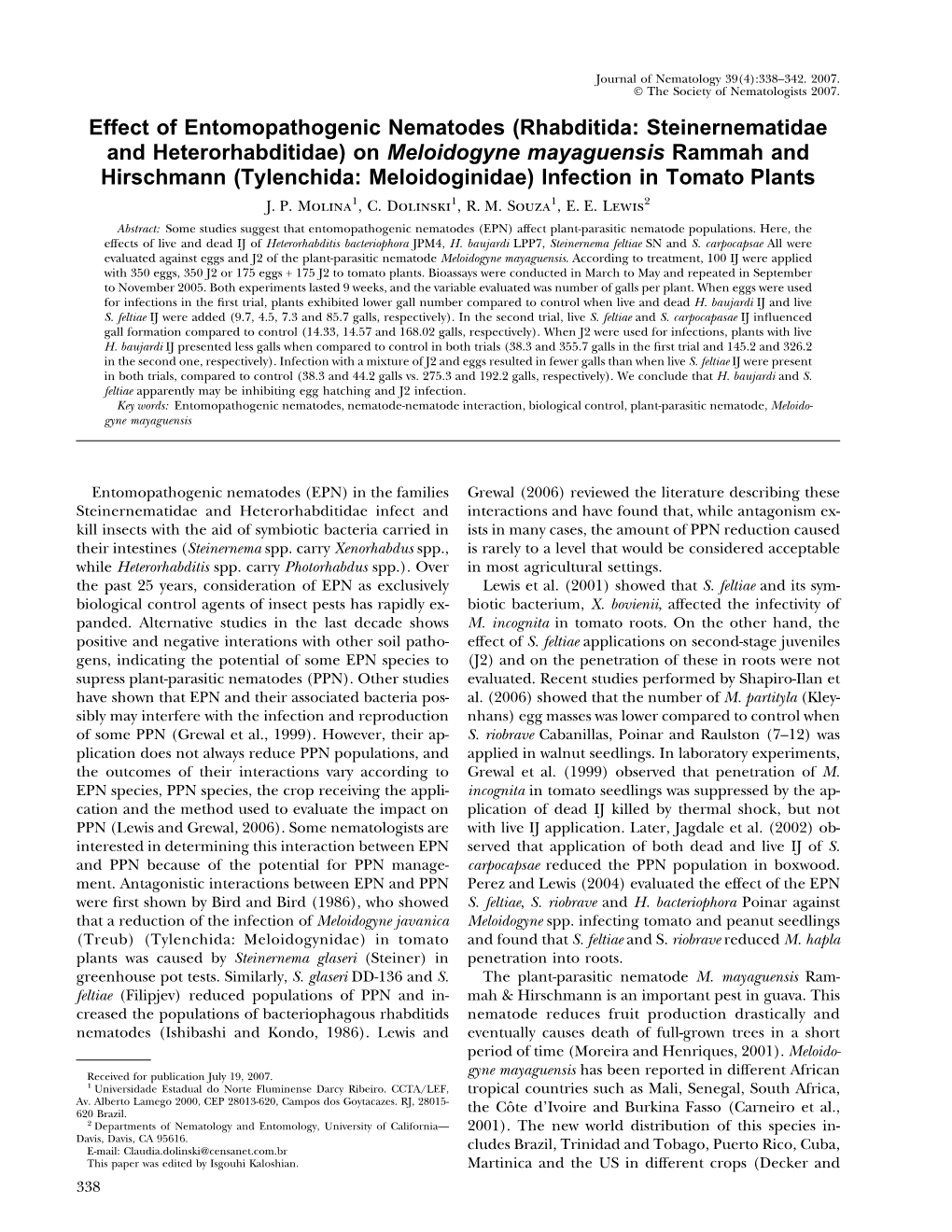 Effect of Entomopathogenic Nematodes (Rhabditida: Steinernematidae and Heterorhabditidae) on Meloidogyne Mayaguensis Rammah