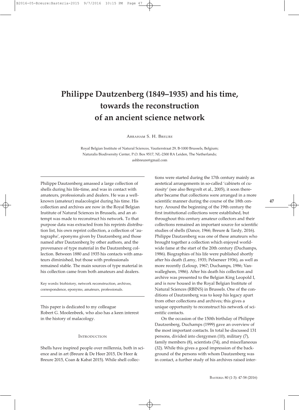 Philippe Dautzenberg (1849–1935) and His Time, Towards the Reconstruction of an Ancient Science Network