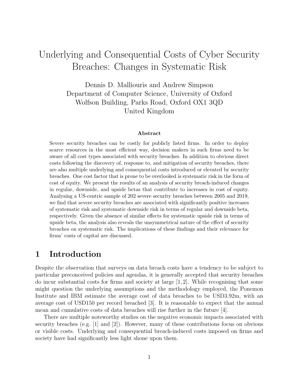 Underlying and Consequential Costs of Cyber Security Breaches: Changes in Systematic Risk