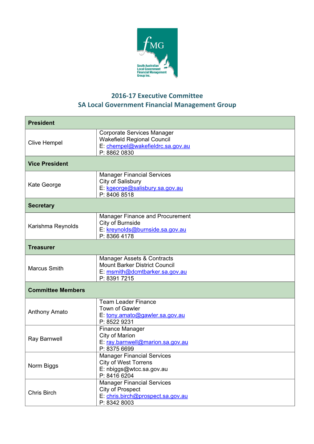 2016-17 Executive Committee SA Local Government Financial Management Group