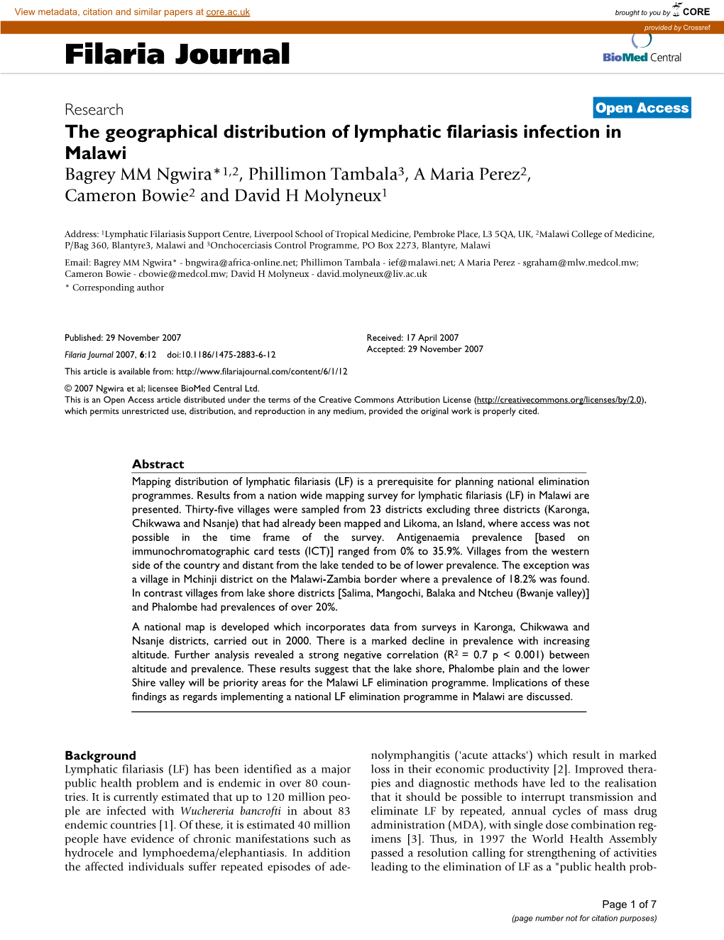 The Geographical Distribution of Lymphatic Filariasis Infection in Malawi