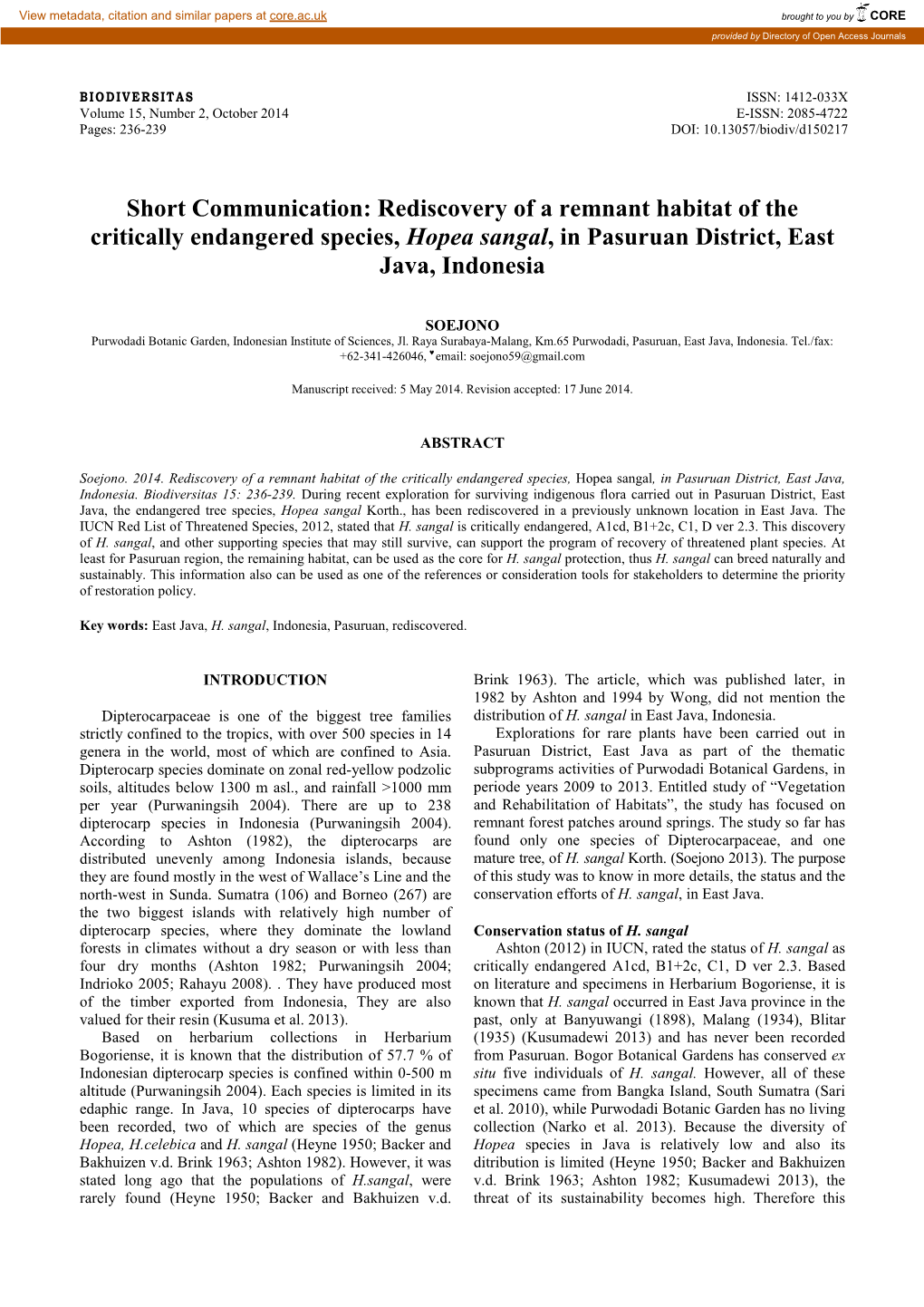 Rediscovery of a Remnant Habitat of the Critically Endangered Species, Hopea Sangal, in Pasuruan District, East Java, Indonesia