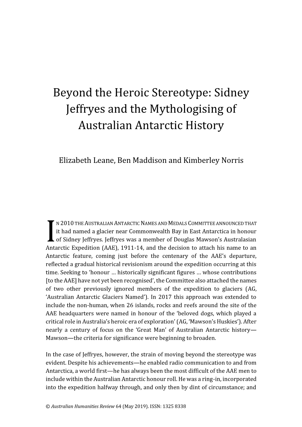 Sidney Jeffryes and the Mythologising of Australian Antarctic History