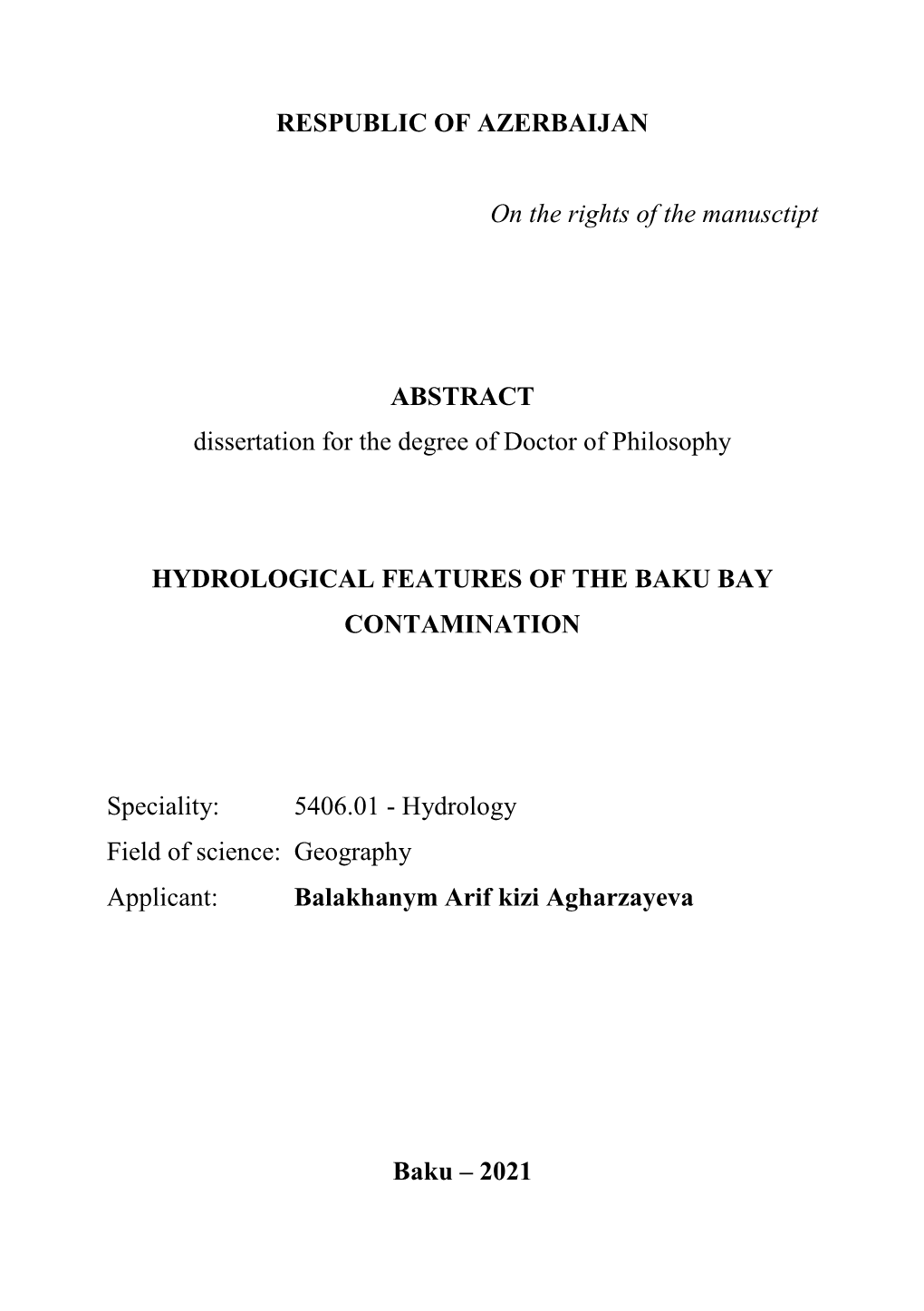 RESPUBLIC of AZERBAIJAN on the Rights of the Manusctipt ABSTRACT