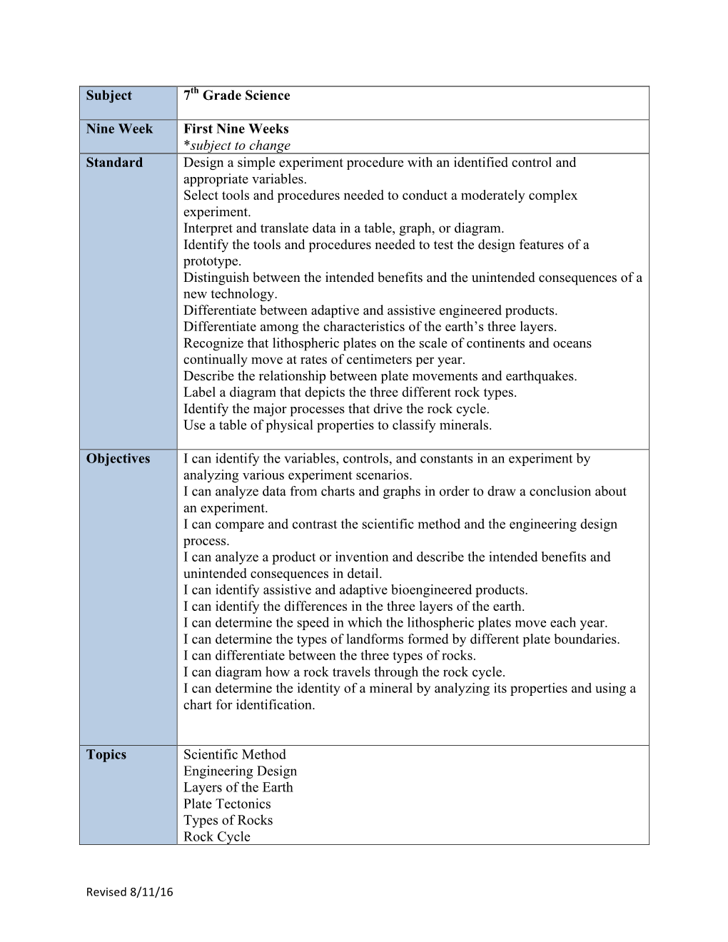 Subject 7Th Grade Science Nine Week First Nine Weeks *Subject To