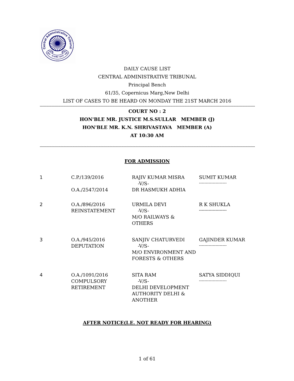 1 of 61 5 O.A./1886/2014 S S GAHLOT AJESH LUTHRA DISCIPLINARY -V/S------PROCEEDING DELHI DEVELOPMENT (SENIOR CITIZEN) AUTHORITY DELHI GEETANJALI M.A./1684/2014 SHARMA