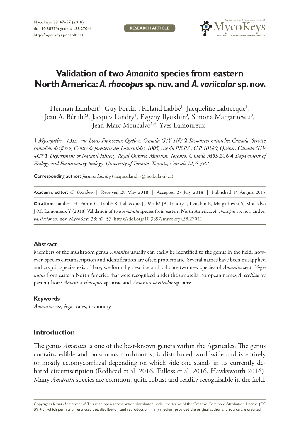 Validation of Two Amanita Species from Eastern North America: A