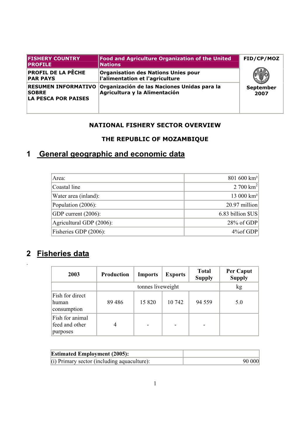 1 General Geographic and Economic Data 2 Fisheries Data